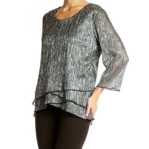 Christopher & Banks XL Silver Metallic Layered Blouse Black Tiered Whimsical